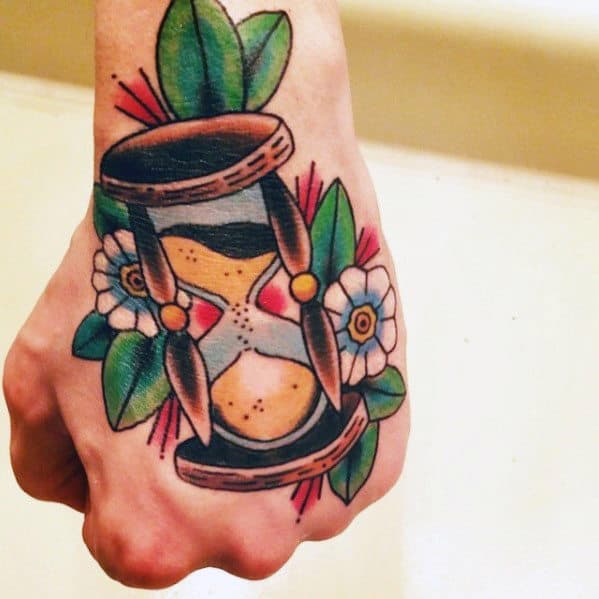 Traditional Hourglass Flower Mens Hand Tattoo