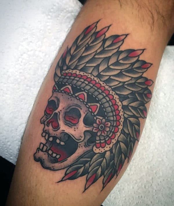 Traditional Indian Skull Mens Leg Calf Tattoo Ideas