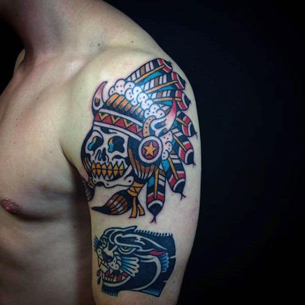 Traditional Indian Skull Old School Guys Upper Arm Tattoo