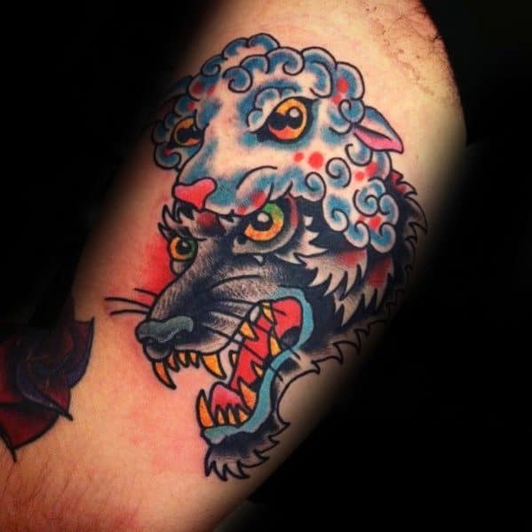 Traditional Inner Arm Bicep Cool Wolf In Sheeps Clothing Tattoo Design Ideas For Male