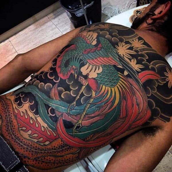 Traditional Japaense Mens Phoenix Back Tattoo
