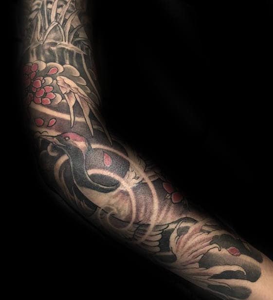 Traditional Japanese Crane Sleeve Tattoos For Men