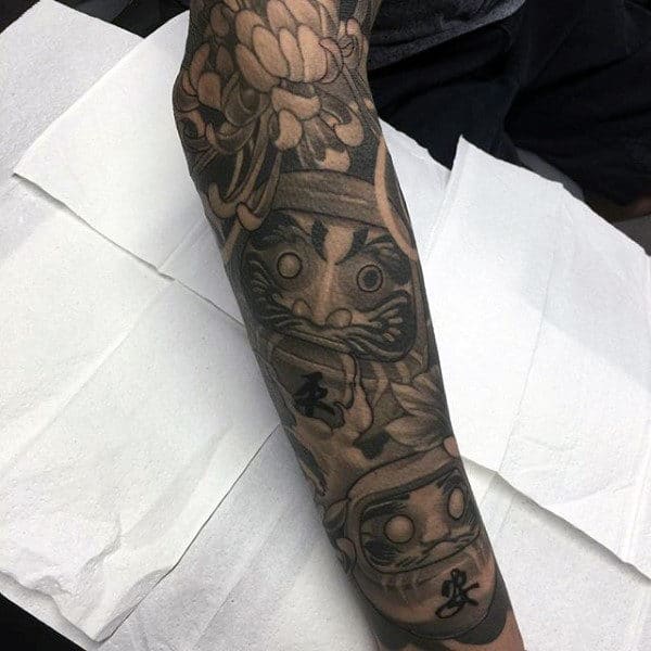 Traditional Japanese Daruma Doll Shaded Male Full Sleeve Tattoo Design Ideas