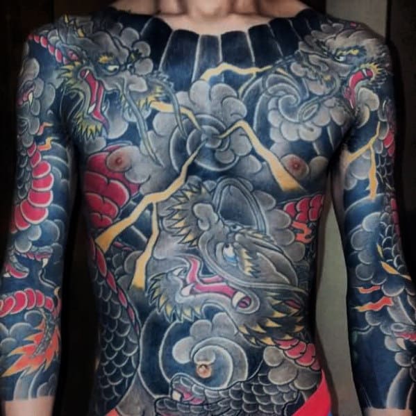 Traditional Japanese Dragon Full Chest Tattoos For Gentlemen