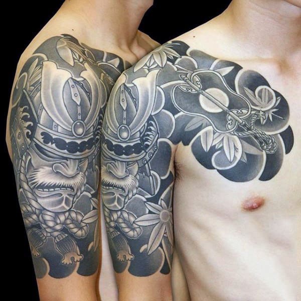 Traditional Japanese Guys Samurai Helmet Half Sleeve Tattoos
