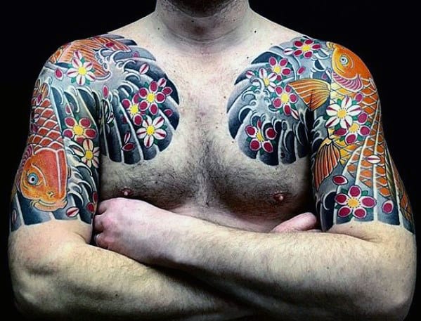 Traditional Japanese Male Flower And Koi Fish Tattoo On Upper Chest