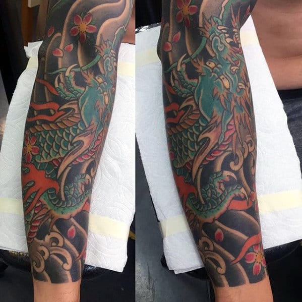 Traditional Japanese Male Forearm Sleeve Green Dragon Tattoo