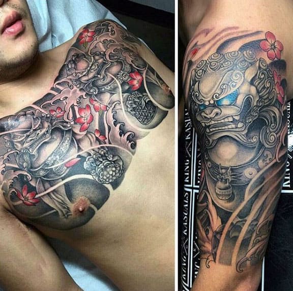 Traditional Japanese Mens Foo Dog Arm And Chest Tattoos