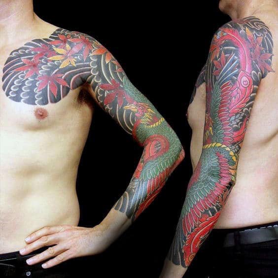 Traditional Japanese Mens Phoenix Sleeve Tattoo