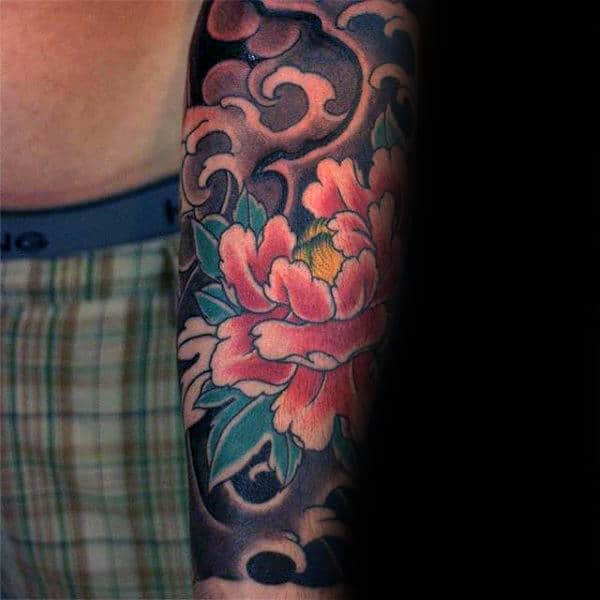 Traditional Japanese Peony Flower Mens Forearm Sleeve