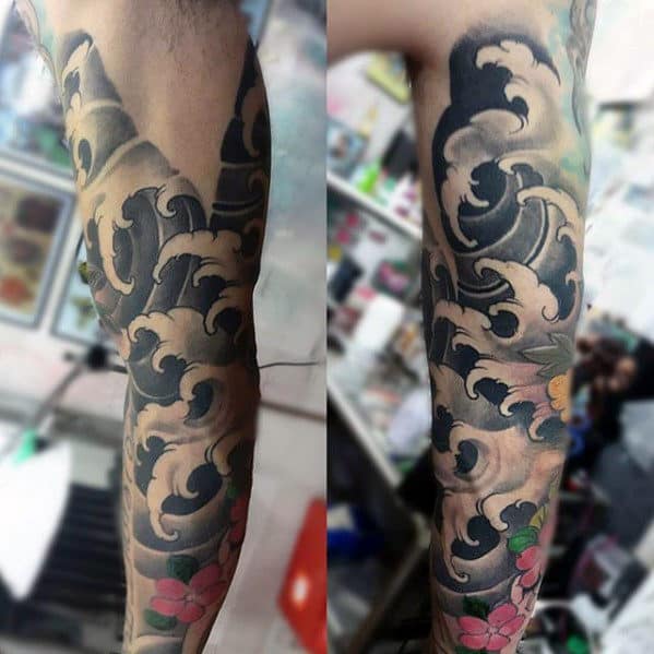 Traditional Japanese Waves Mens Water Sleeve Tattoo