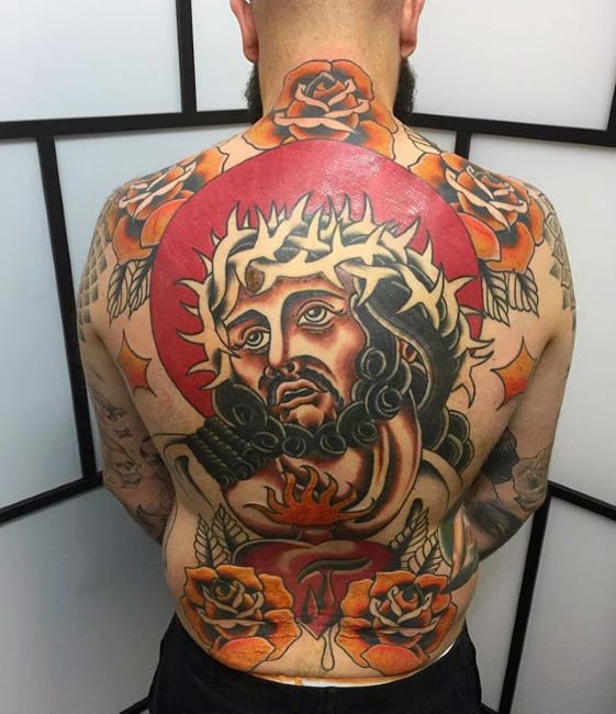 Traditional Jesus With Orange Rose Flowers Mens Full Back Tattoos