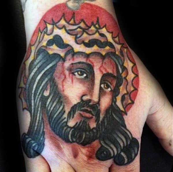 Traditional Jesus With Red Sun Mens Hand Tattoo