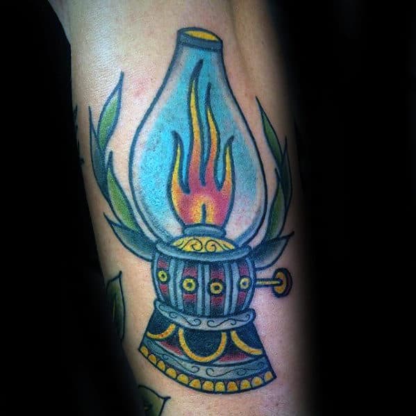 Traditional Lantern With Flame Male Outer Arm Tattoo Ideas
