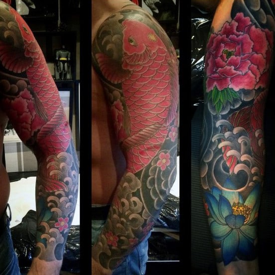 Traditional Lotus Flower Japanese Mens Sleeve Tattoos