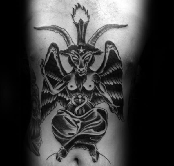 Traditional Male Baphomet Stomahc And Chest Tattoos