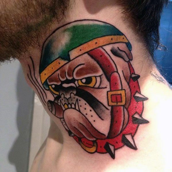 Traditional Male Bulldog Tattoo On Neck