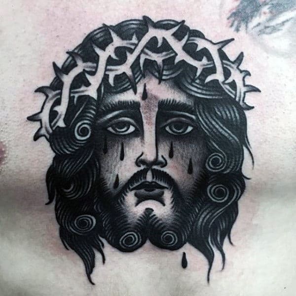 Traditional Male Chest Jesus Tattoo
