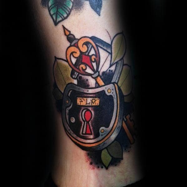 Traditional Male Lock Lower Leg Tattoos