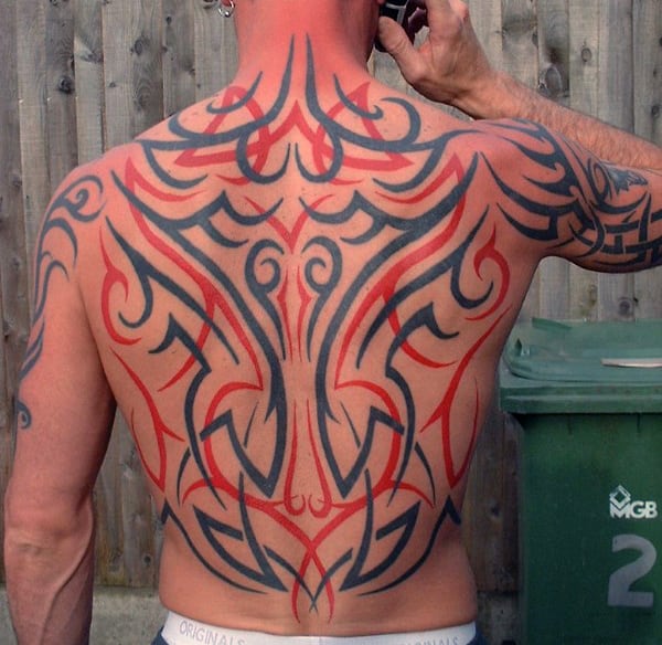 Traditional Mens Back Tribal Tattoo With Red And Black Ink