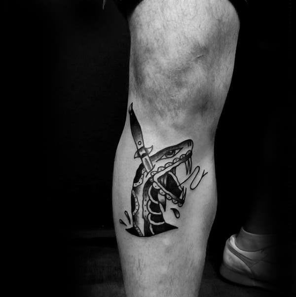 Traditional Mens Below The Knee Leg Snake Head Dagger Tattoo Design Ideas