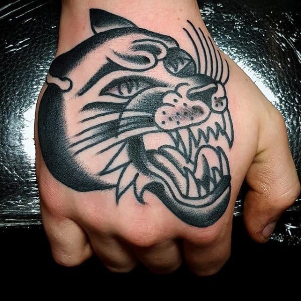 Traditional Mens Black Ink Panther Head Hand Tattoo