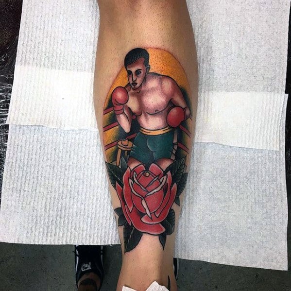 Traditional Mens Boxer Back Of Leg Rose Flower Tattoo