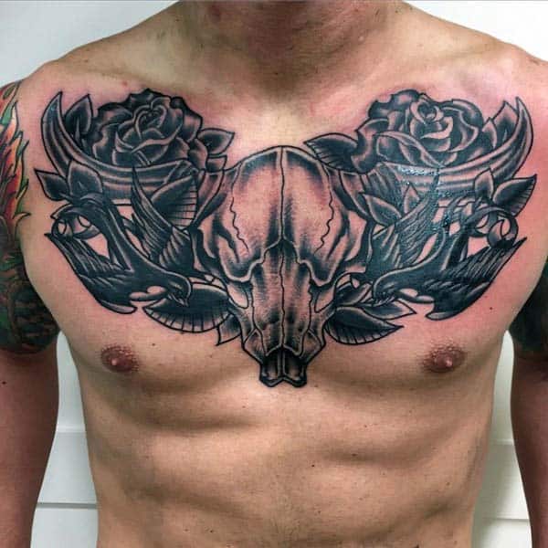 Traditional Mens Bull Skull With Sparrows And Rose Flowers On Chest