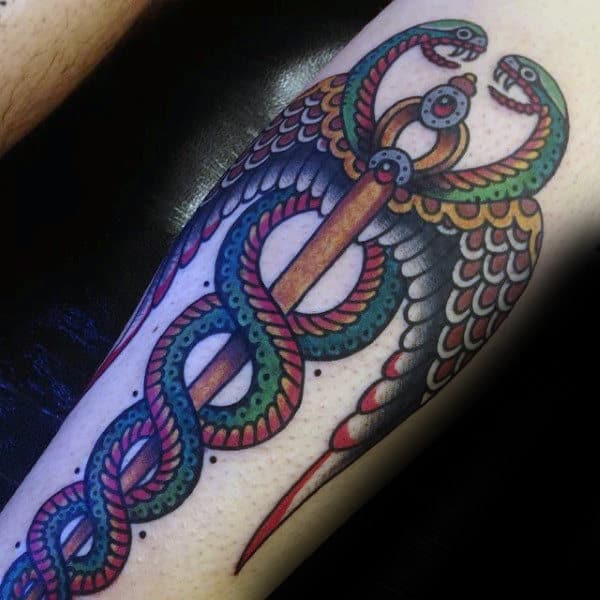 Traditional Mens Caduceus Back Of Leg Tattoos