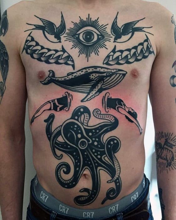 Traditional Mens Chest Black Ink Octopus Tattoo