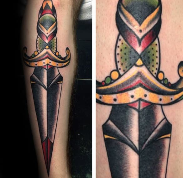 Traditional Mens Dagger Ornate Tattoo Designs On Back Of Leg