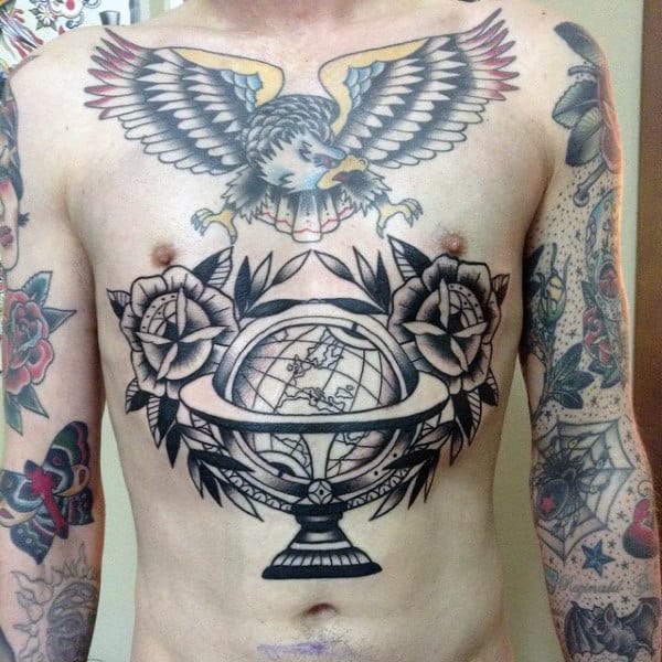 Traditional Mens Globe Chest Tattoo With Rose Flowers