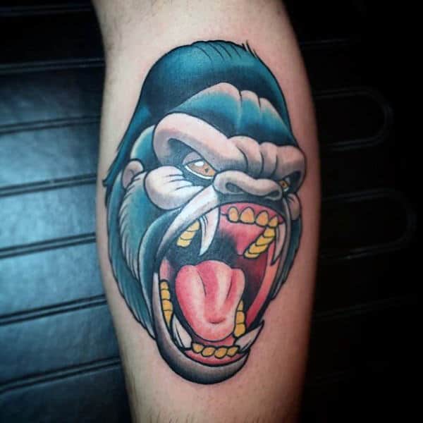 Traditional Mens Gorilla Tattoo On Leg Calf