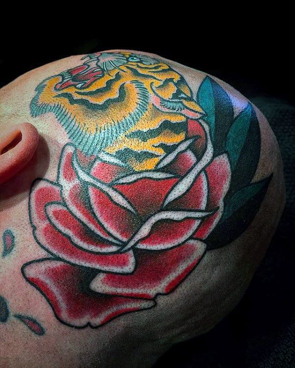 Traditional Mens Tiger Rose Flower Head Tattoos