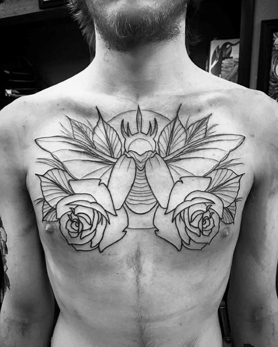 Traditional Moth Rose Flowers Guys Upper Chest Tattoo