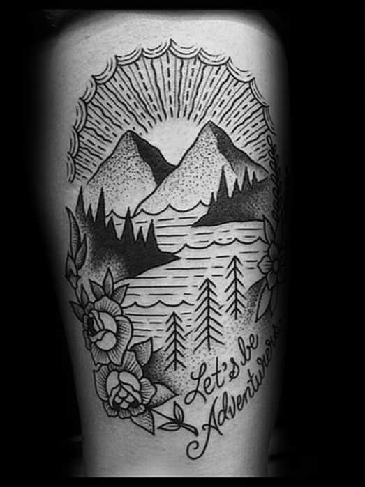 Blackwork tattoo of a scenic mountain lake with pine trees, flowers, and sun rays, featuring the phrase "Let's be Adventurers."