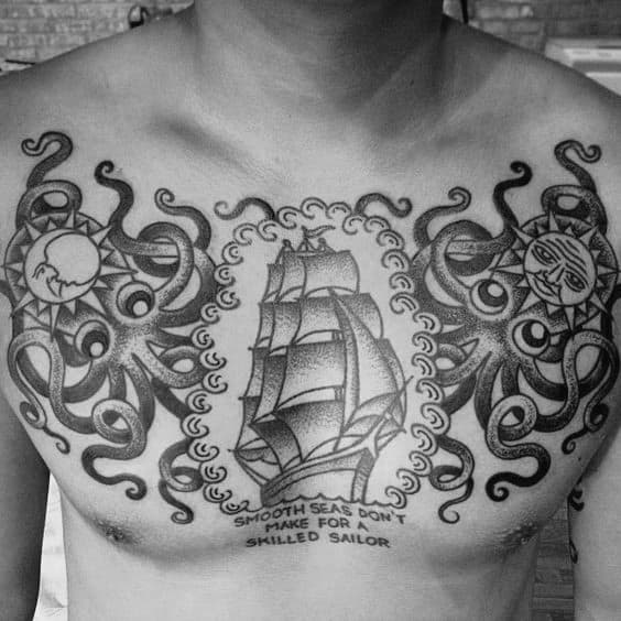 Traditional Octopus And Sailing Ship Upper Chest Tattoo