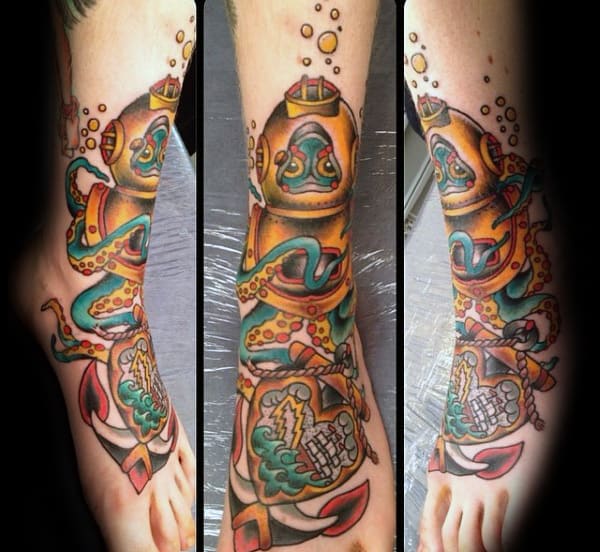 Traditional Octopus With Diver Helmet Mens Leg And Foot Tattoos