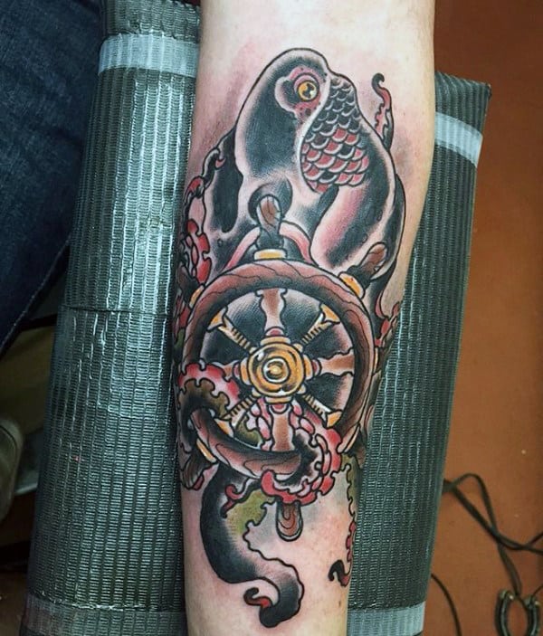 Traditional Octopus With Ship Wheel Mens Inner Forearm Tattoos