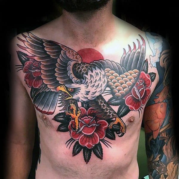 Traditional Old School Bald Eagle With Red Rose Flower Great Chest Tattoos For Men