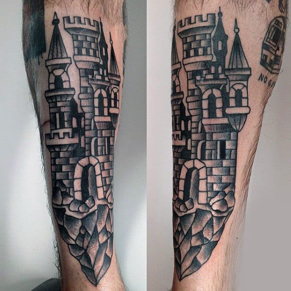Traditional Old School Castle Tattoo On Forearm Of Gentleman