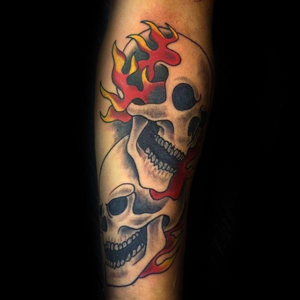 Traditional Old School Forearm Flaming Skull Mens Tattoo Ideas