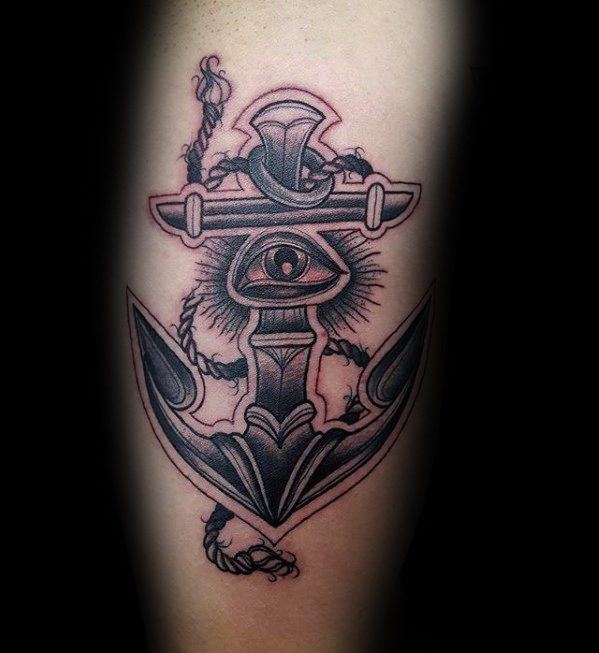 Tattoo of an anchor with an eye in the center and a rope intricately entwined around it
