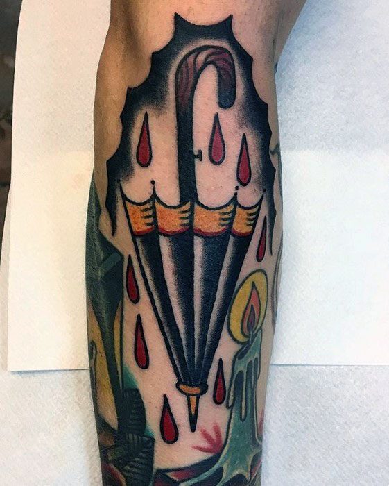 Traditional Old School Leg Guys Tattoos With Umbrella Design