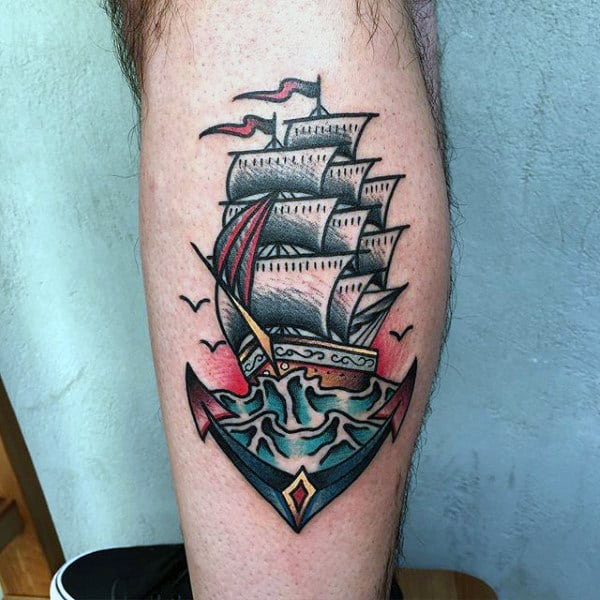 Traditional Old School Male Ship And Anchor Lower Leg Tattoos