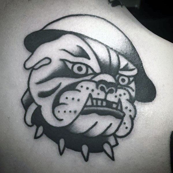 Traditional Old School Mens Bulldog Upper Back Tattoo