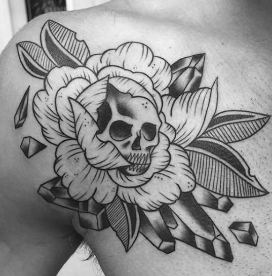 Traditional Old School Mens Upper Chest Crystal Skull With Flower Tattoo