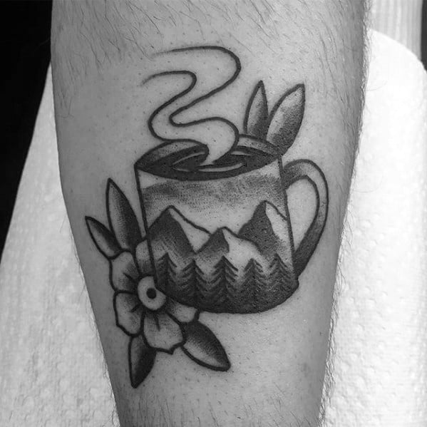 Traditional Old School Nature Landscape Coffee Cup Leg Tattoos For Men