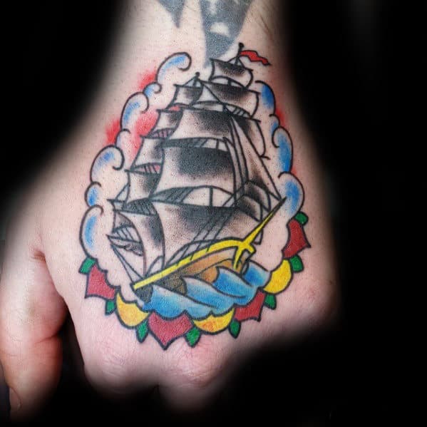 Traditional Old School Sailing Ship Hand Tattoo For Men