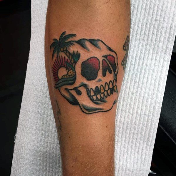 Traditional Old School Small Skull Beach Mens Leg Tattoo